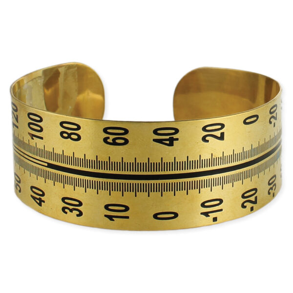 Thermometer cuff. Gold-plated bracelet with thermometer design etched in black enamel.