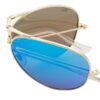 Blue aviator sunglasses with a gold frame. They fold to carry in it's own travel case.