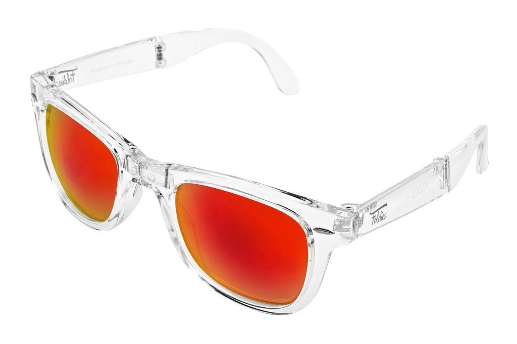 Folding sunglasses with clear frames and red lenses.
