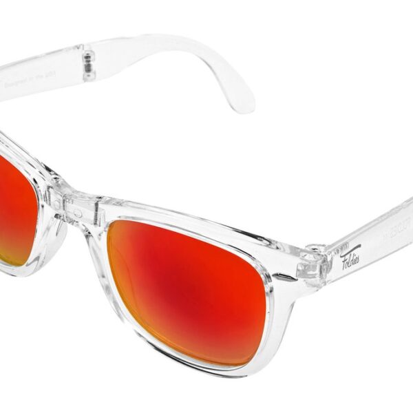 Folding sunglasses with clear frames and red lenses.