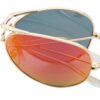 Red aviator sunglasses with a gold frame. Sunglasses fold and come with a carry case. UV 400 protection.