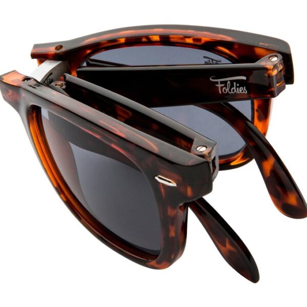 Tortoise shell sunglasses with black lenses. Sunglasses fold for easy carrying convenience.