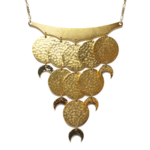 Moon phase cascade necklace is a statement necklace that is 24-karat gold-plated with a Figaro chain.