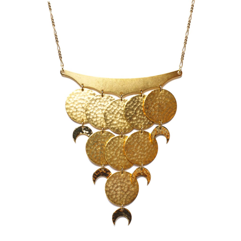 Moon phase cascade necklace. Gold statement necklace with circles and crescent moons.