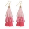 This image features pink multi-colored fringe earrings in light pink, dark pink and fucshia.