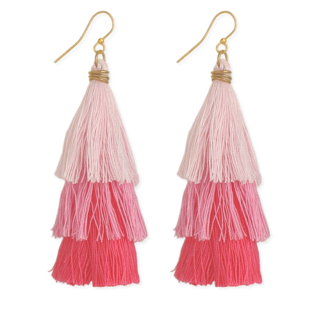 This image features pink multi-colored fringe earrings in light pink, dark pink and fucshia.
