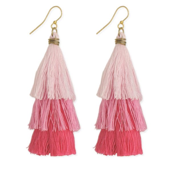 This image features pink multi-colored fringe earrings in light pink, dark pink and fucshia.