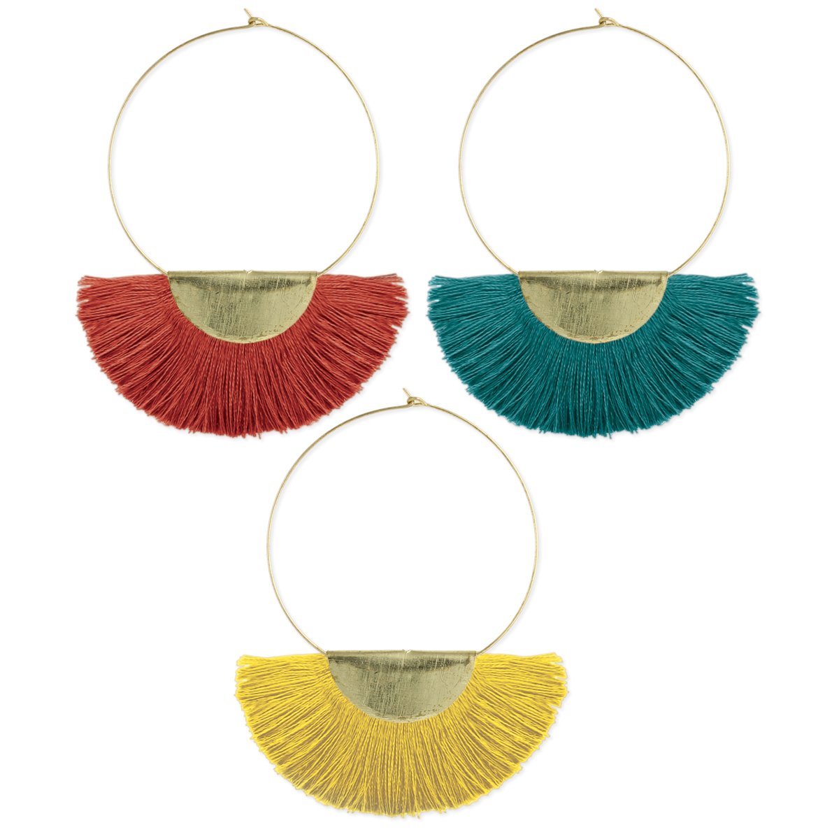 gold hoop earrings in red yellow and teal fan fringe