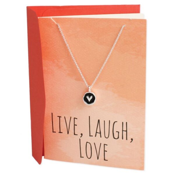 Silver necklace with heart charm and greeting card that says Live, Laugh, Love.