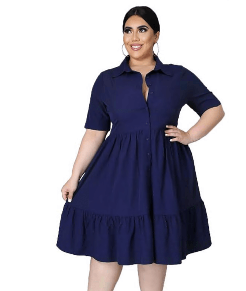 Model wearing a navy blue midi button-down dress with collar.