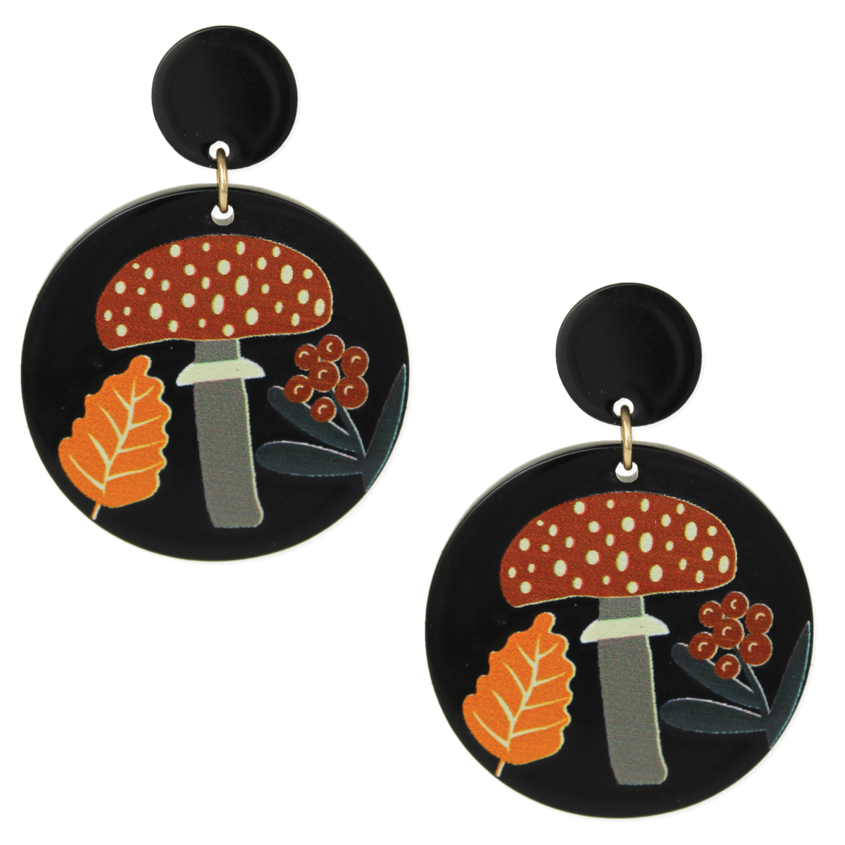 Black Mushroom Print Round Post Earrings - Unique and stylish design, perfect for any occasion.