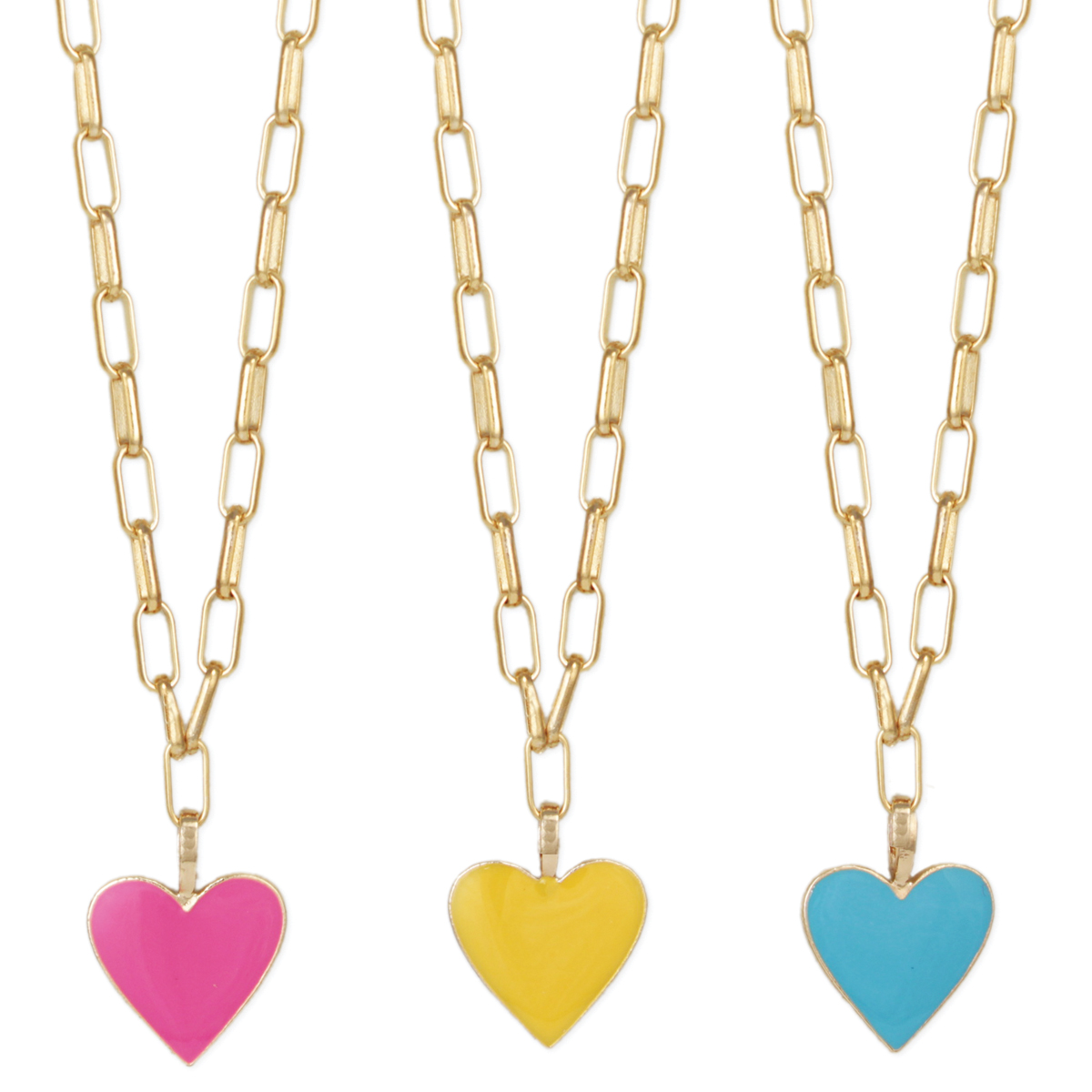 Gold Enamel Heart Necklace in Pink, Blue, and Yellow – Perfect for Layering