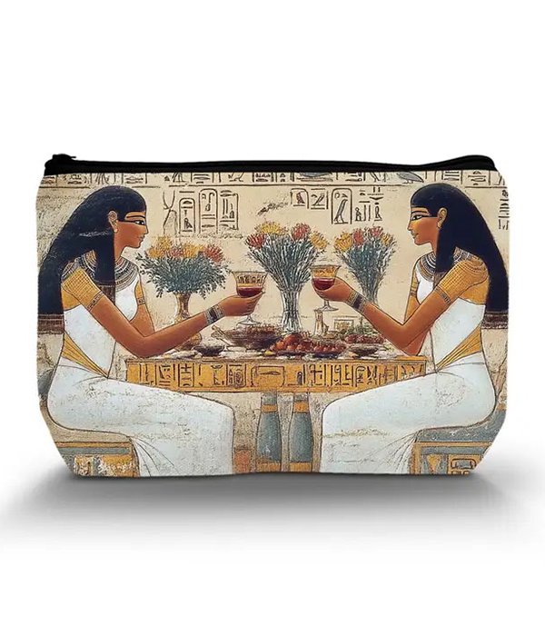Egyptian print cosmetic bag with two ladies having wine. Colors are brown, black and white.