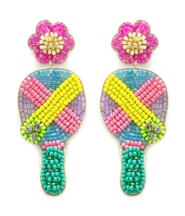 Pickleball paddle earrings in pink and blue for pierced ears.