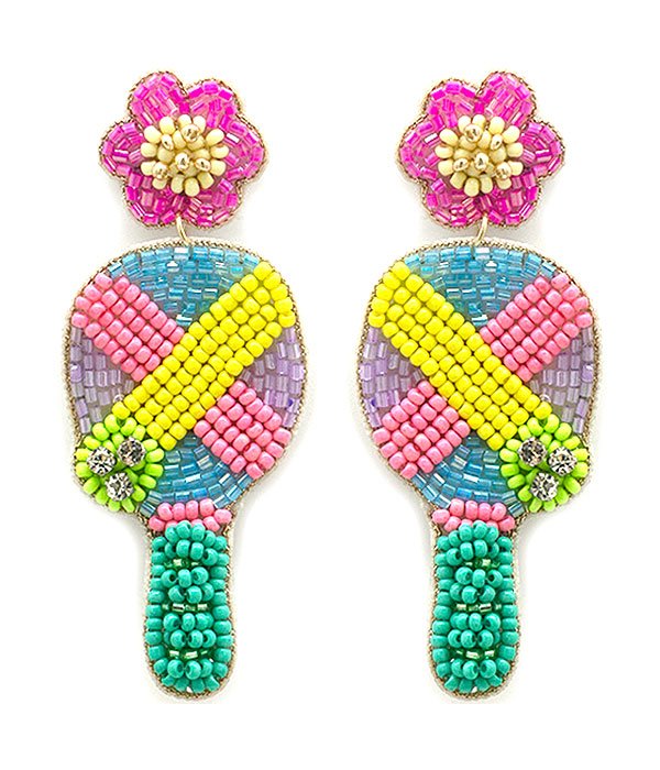 Pickleball paddle earrings in pink and blue for pierced ears.