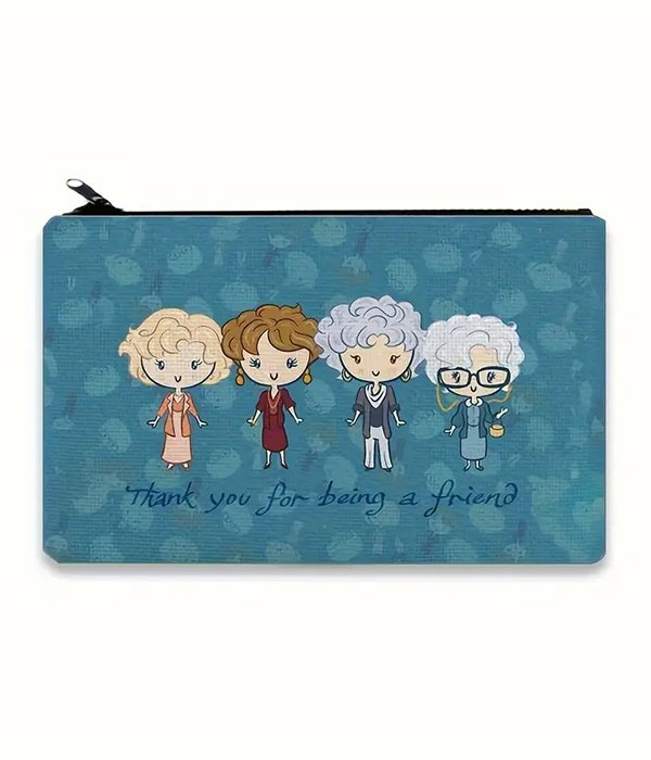 Blue Golden Girls cosmetic bag with thank you for being a friend writing underneath the four golden girls.