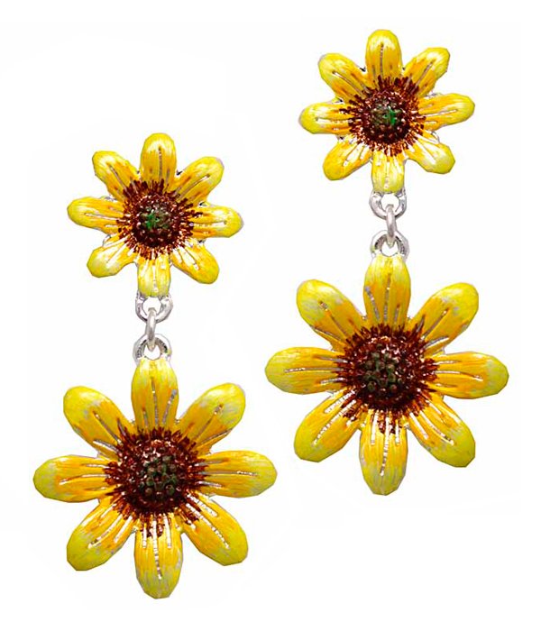 Yellow daisy dangle earrings for pierced ears. Two daisies on each earring.