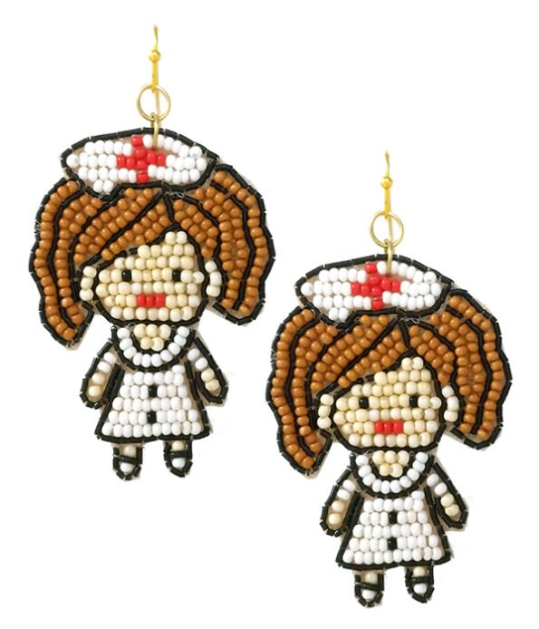 Nurse earrings. A little lady with brown hair wearing a white nurse dress and hat.